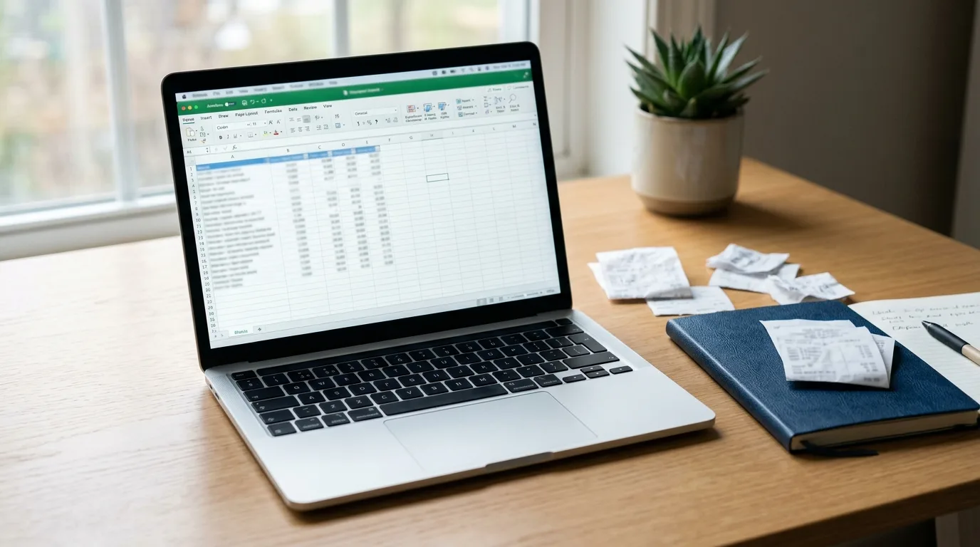 Laptop showing a spreadsheet next to a notebook and receipts