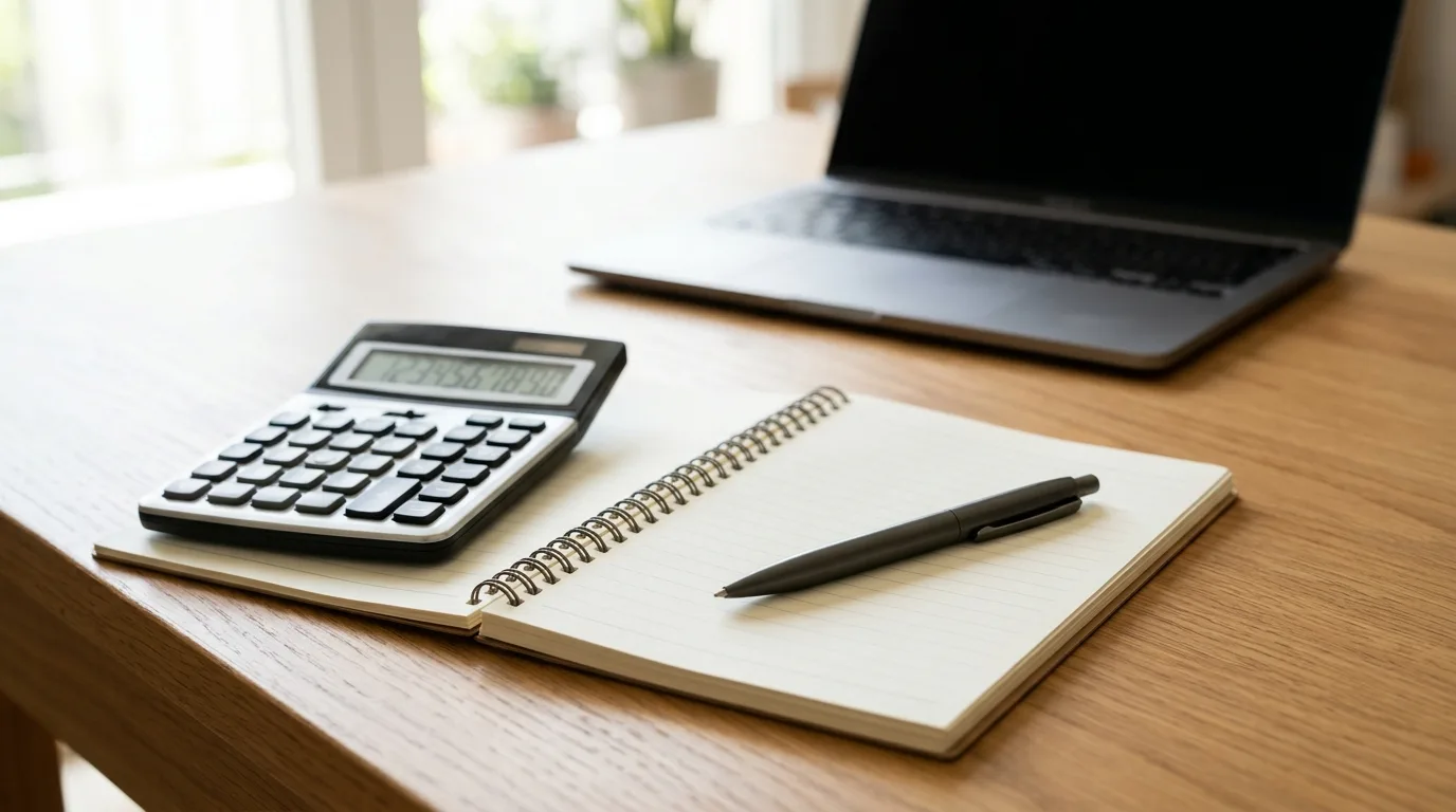 Calculator and notebook with handwritten percentage math on a desk
