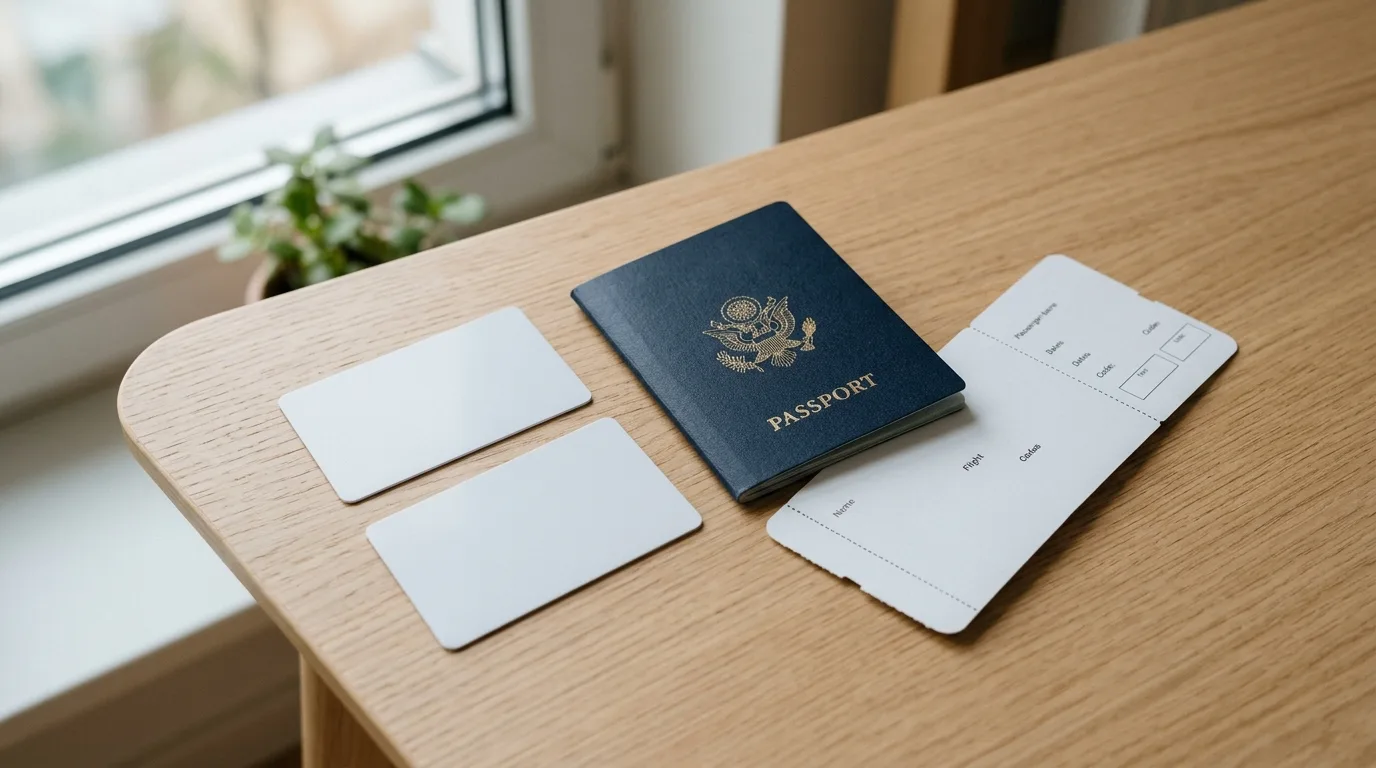 Two blank credit cards and a passport on a travel desk