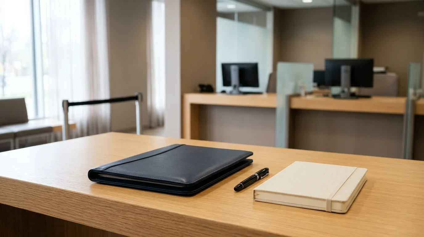 Bank counter with a notebook and a business folder