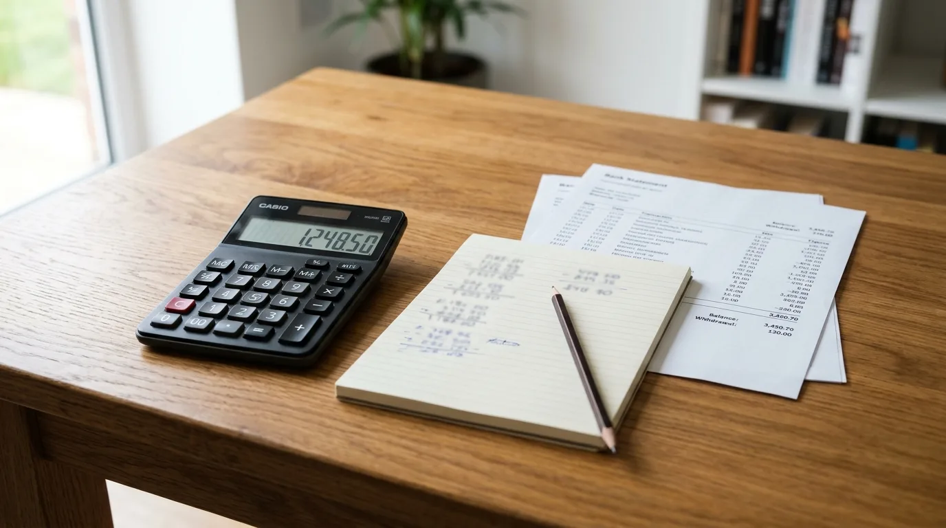 Calculator, notepad, and documents on a desk