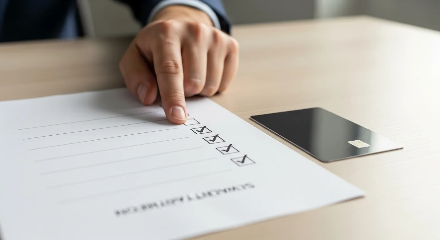 Male hands reviewing a business card checklist on a desk with credit card beside it