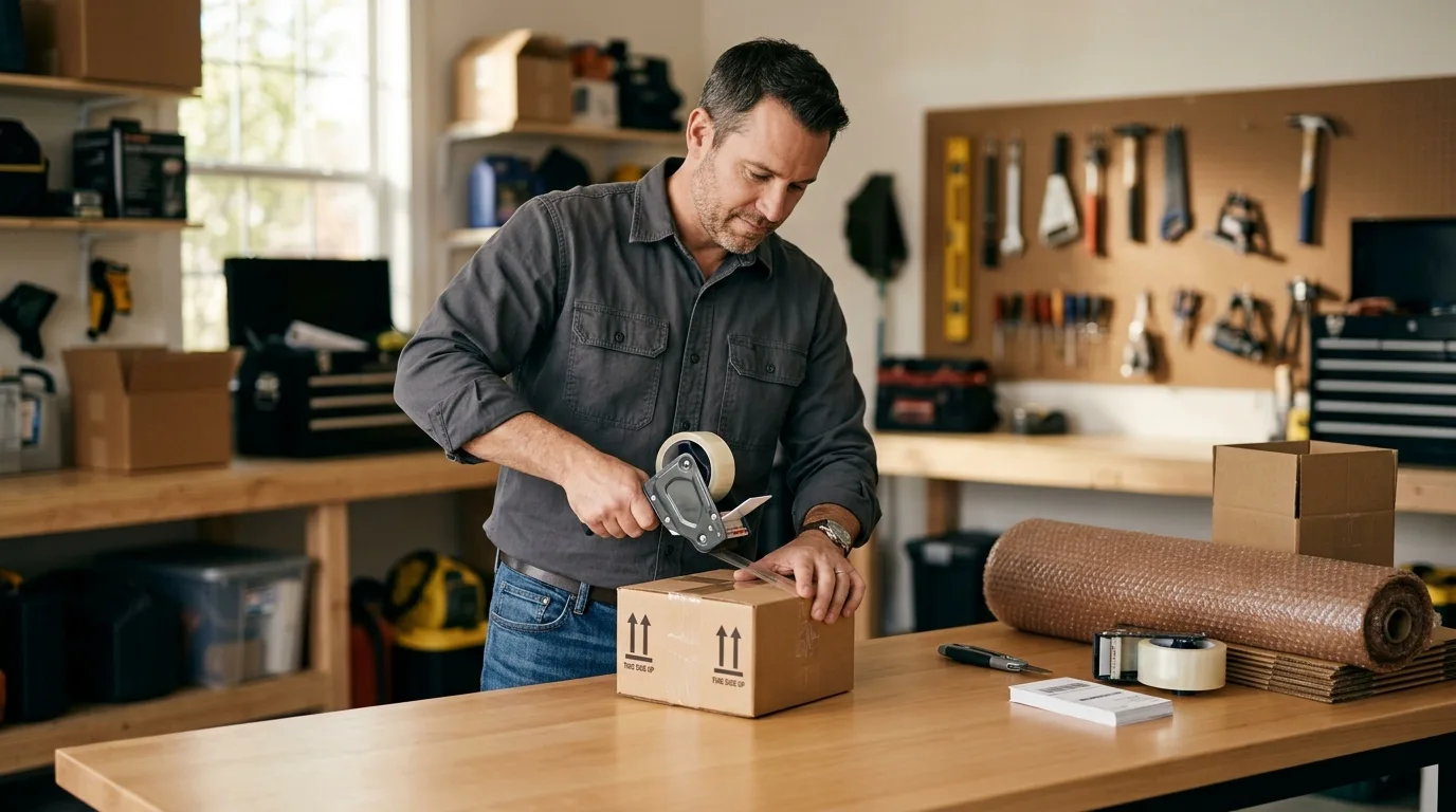 Adult man packing boxes at a workbench