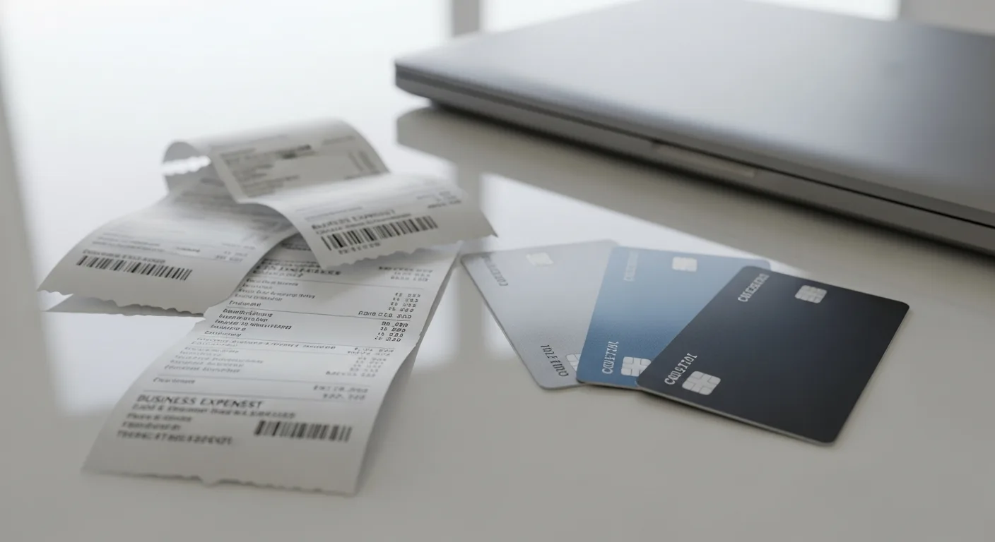 Three business credit cards fanned out next to business receipts on a professional desk