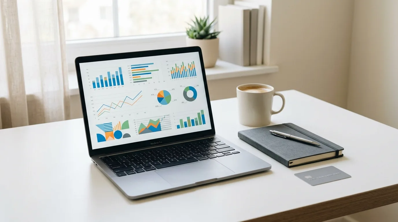 A laptop showing a software dashboard on a desk next to a credit card and a notebook