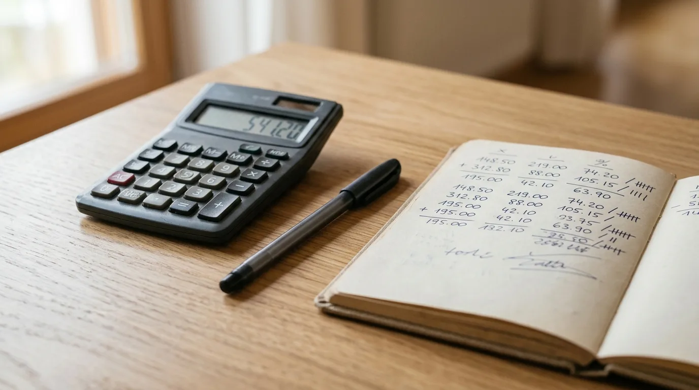 A calculator and notebook with monthly expense columns