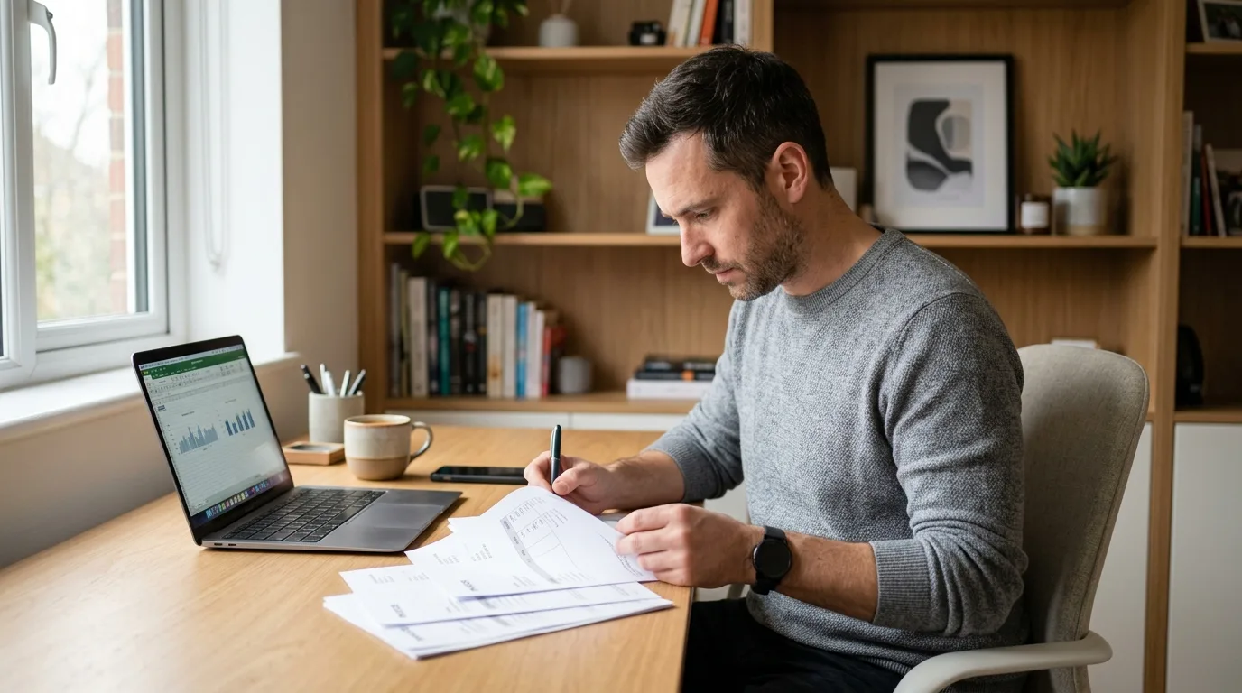 A man reviewing invoices at a desk