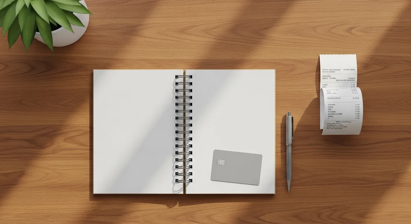 A desk with a notebook, pen, and a credit card next to a small stack of receipts