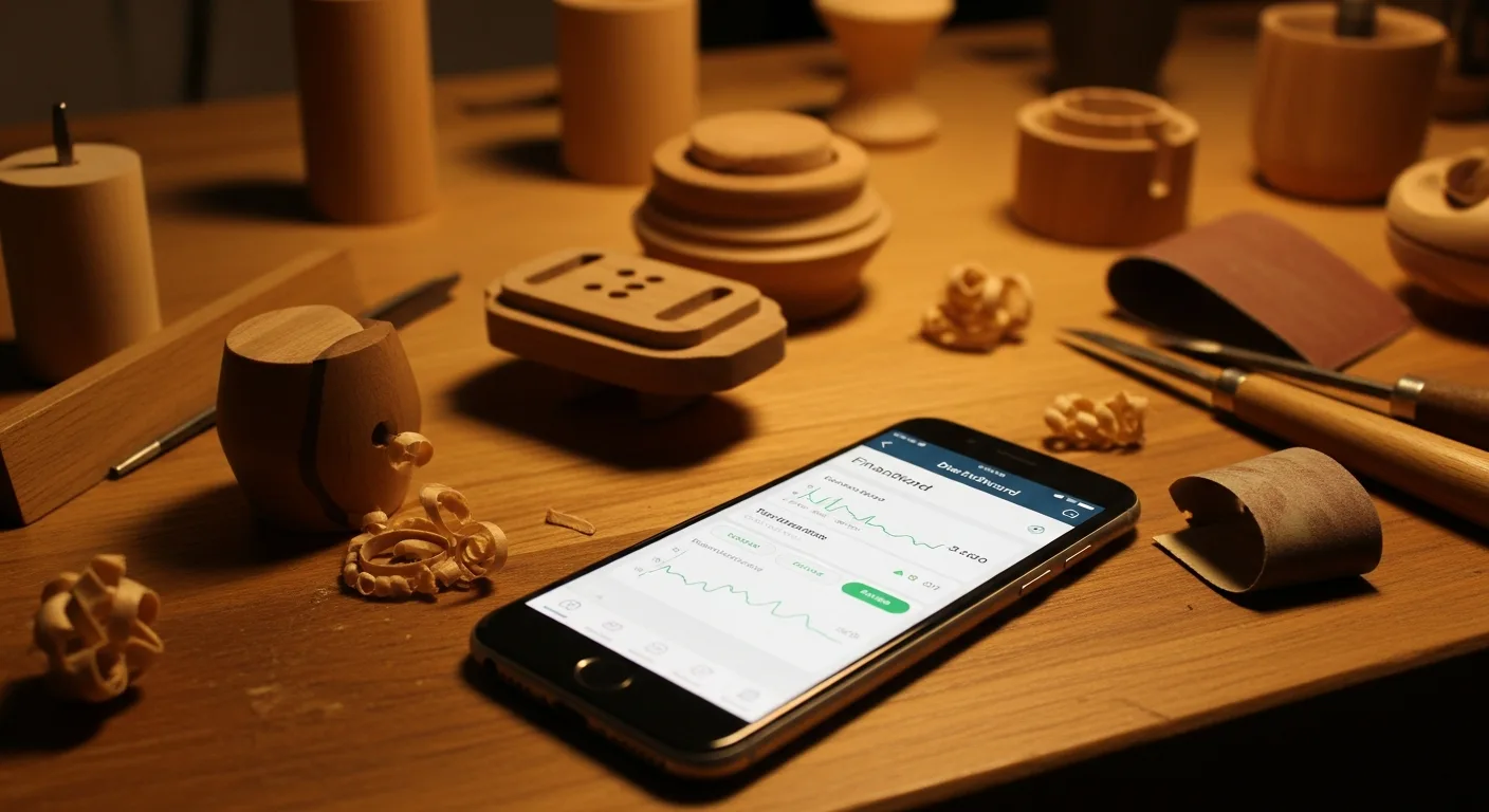 A smartphone showing a financial app dashboard next to a small handmade wooden object on a workbench