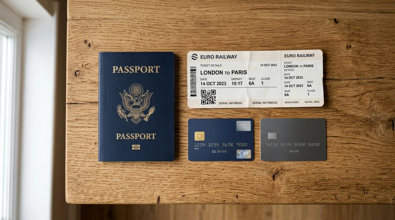 A passport, a train ticket, and two credit cards laid out on a wooden desk