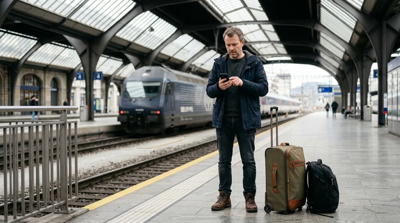 An adult man checking his phone at a train station platform in Europe