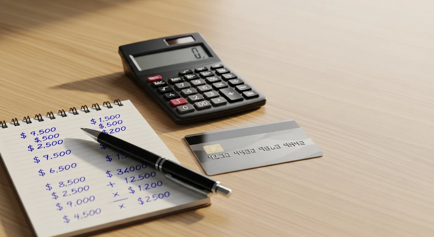 A credit card and a notepad with flight cost calculations on a wooden desk