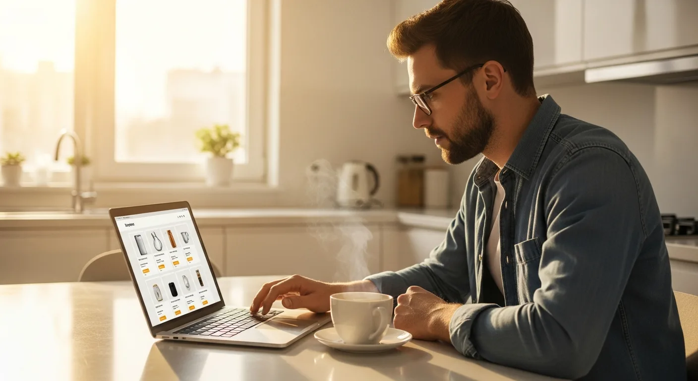 An adult man reviewing travel rewards options on a laptop at a kitchen table