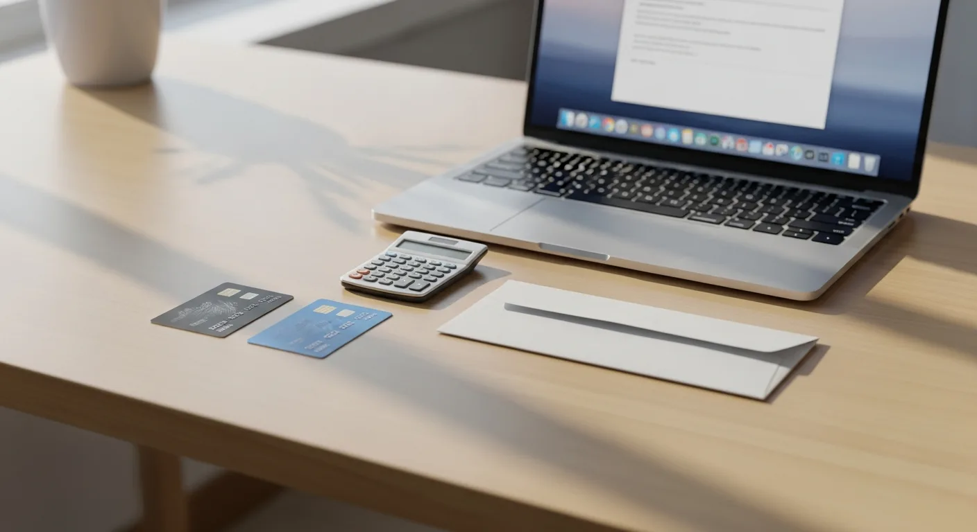 A desk with two credit cards, a utility bill, and a calculator beside a laptop