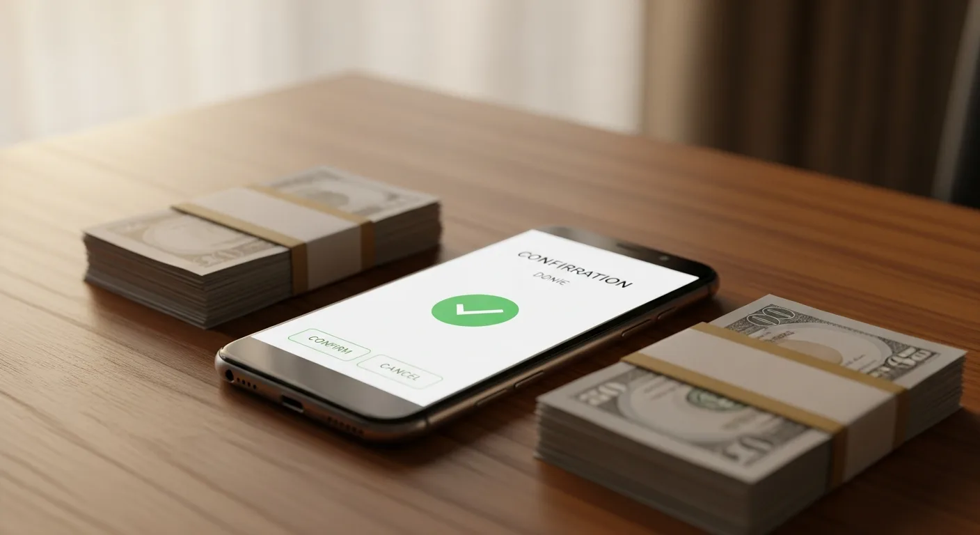 A smartphone showing an autopay confirmation screen beside a stack of monthly bills