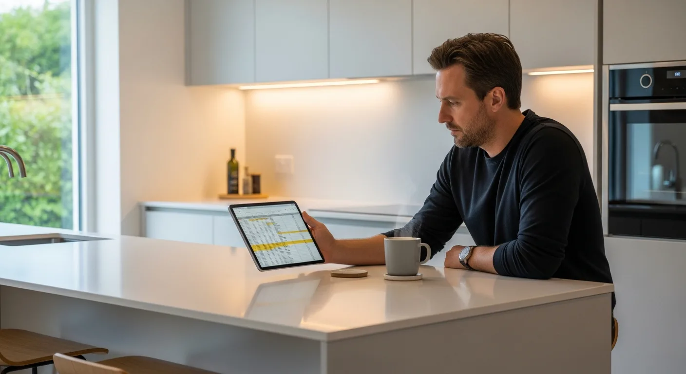 An adult man reviewing a household budget spreadsheet on a tablet at a kitchen counter