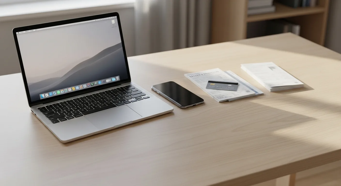 Business desk with a laptop, smartphone, and a stack of utility invoices next to a credit card