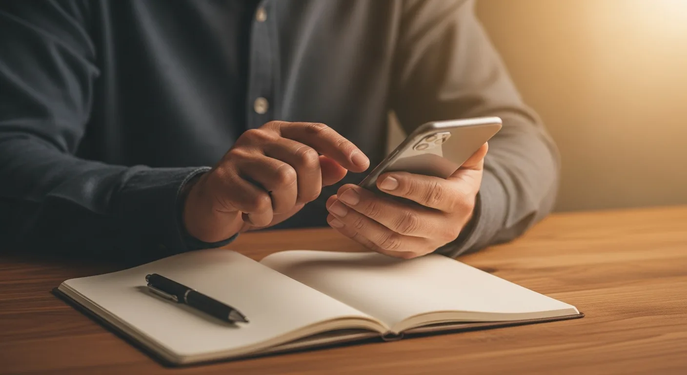 Close-up of a hand holding a smartphone over a desk with a notebook and pen