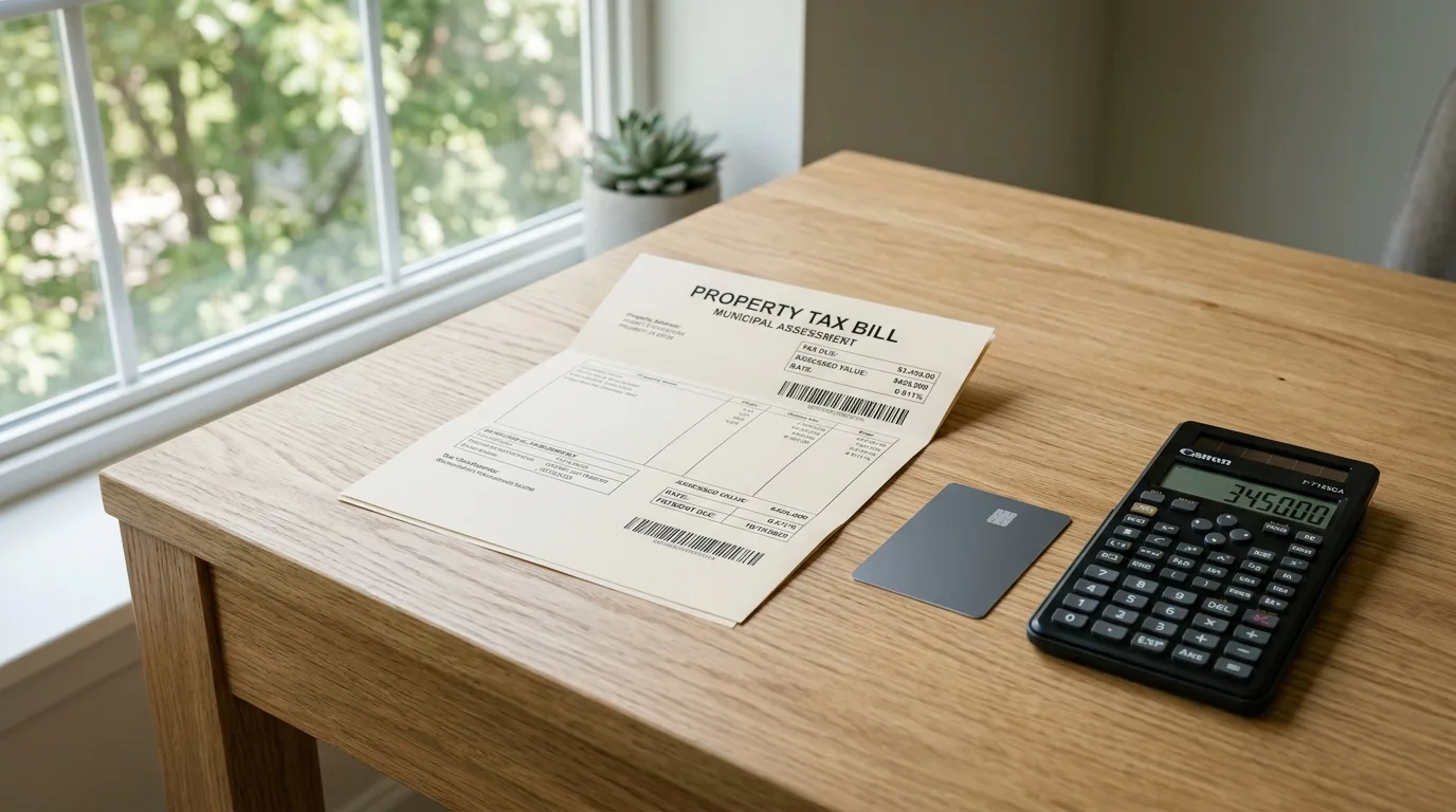 Property tax bill and a credit card on a desk next to a calculator