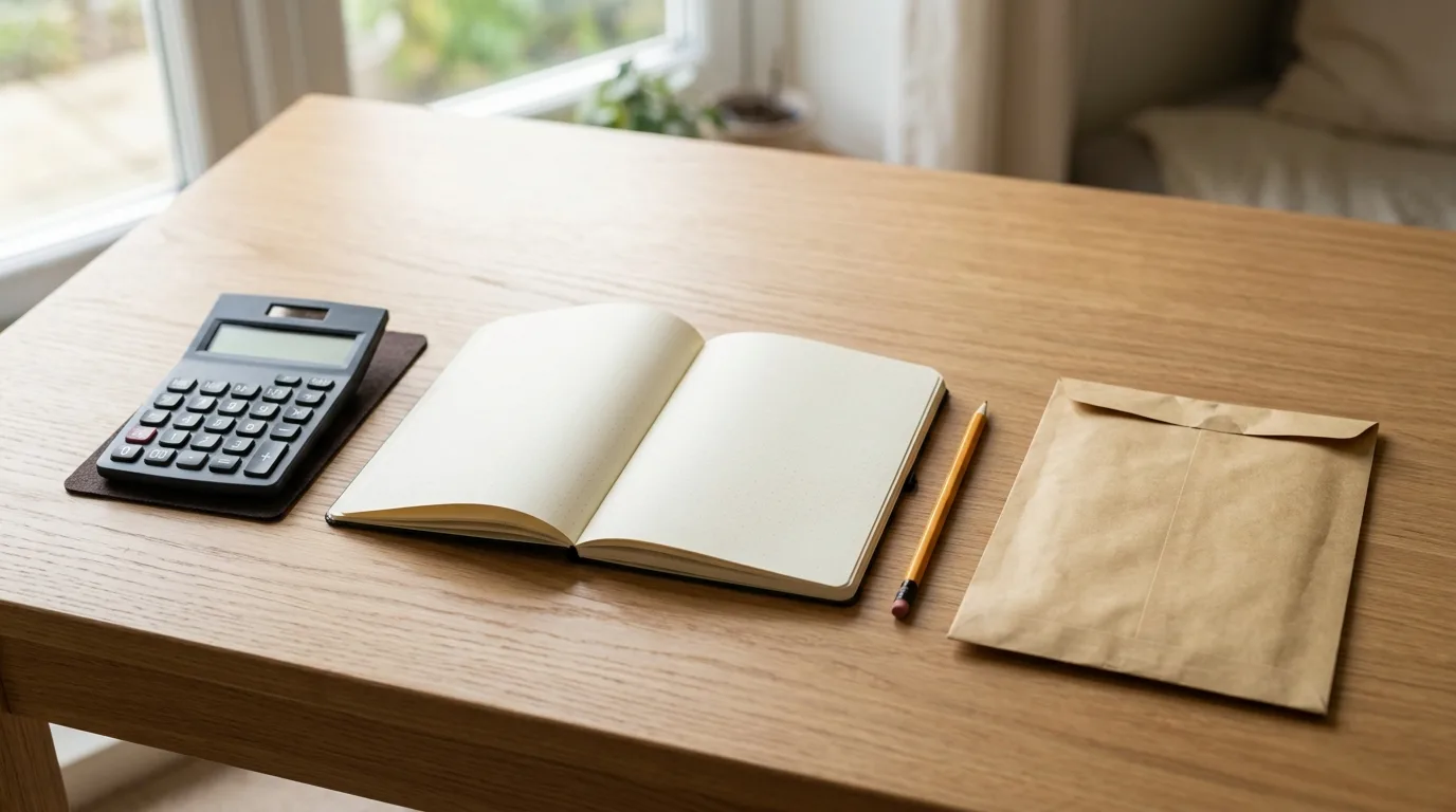 Calculator and notebook with handwritten math next to a tax envelope