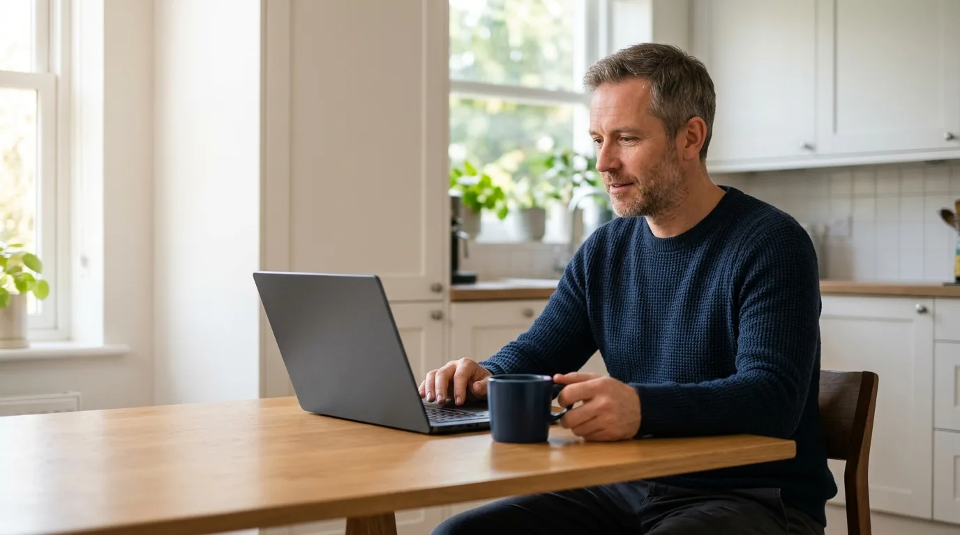 Man at a laptop reviewing a payment page at a kitchen table