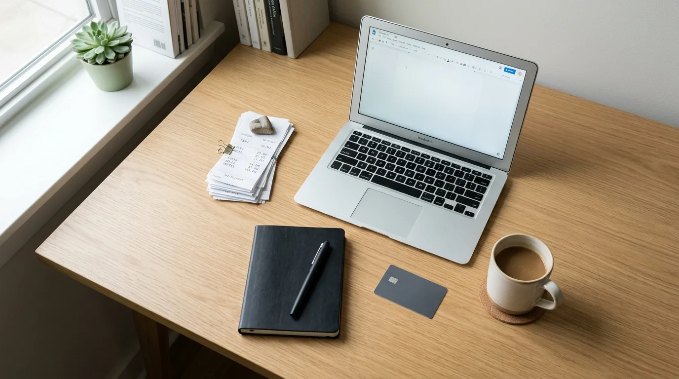 Desk with a laptop, conference receipts, and a credit card beside a reimbursement form