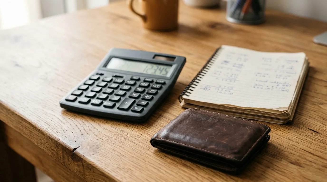 Calculator and notebook with a monthly budget next to a wallet