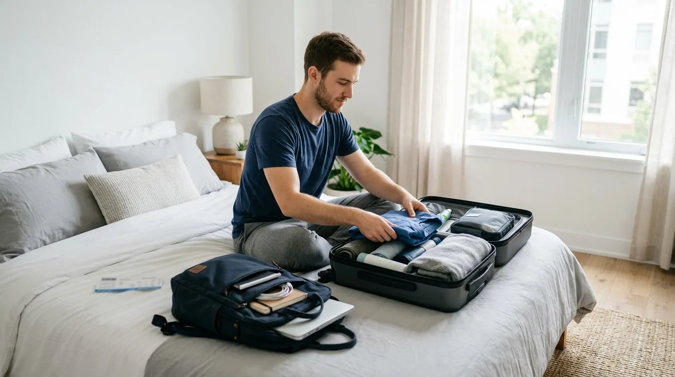 Man packing a suitcase and laptop bag for an academic conference