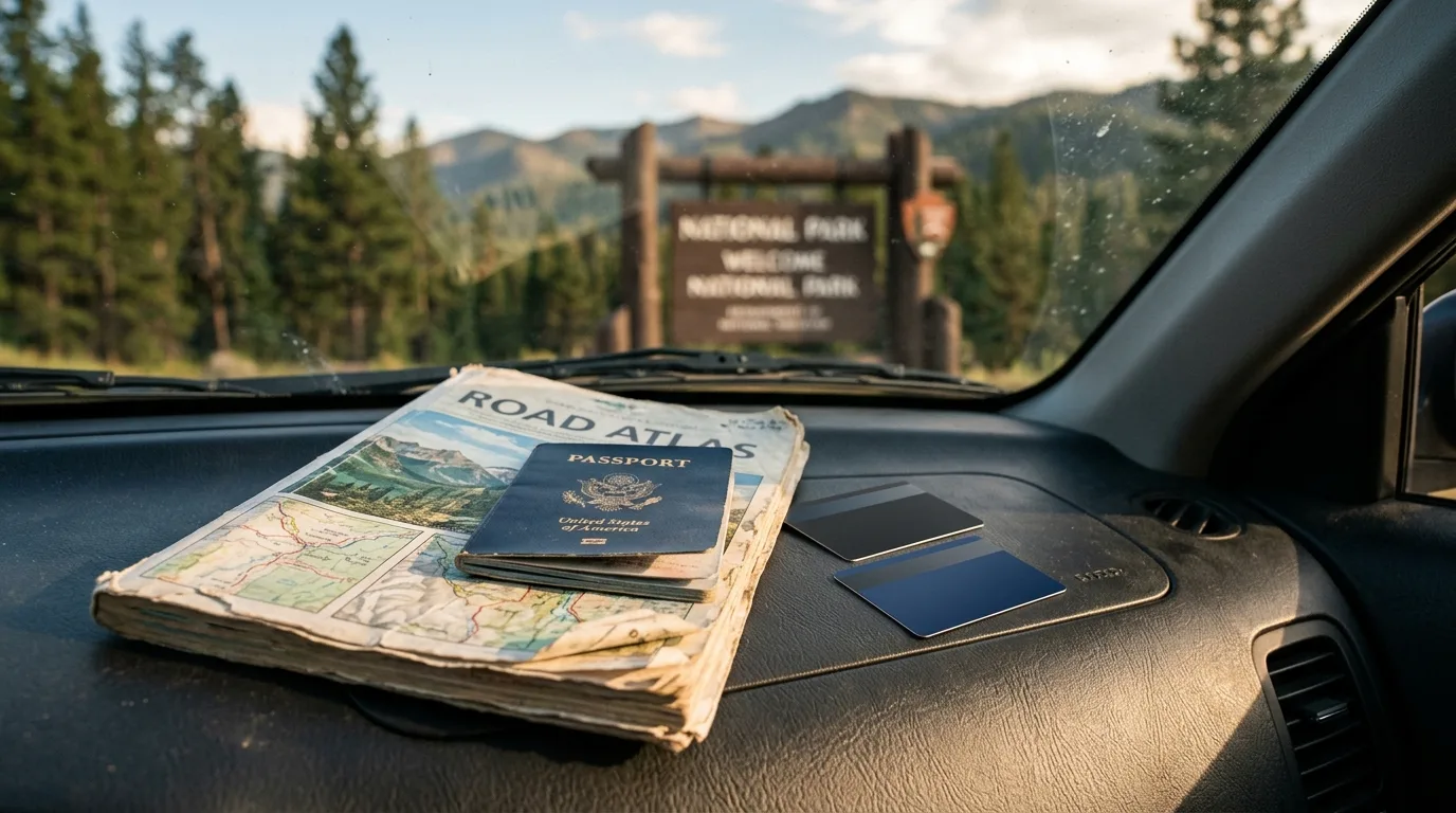 A road atlas, passport, and two credit cards laid on a car dashboard with a national park sign visible through the windshield