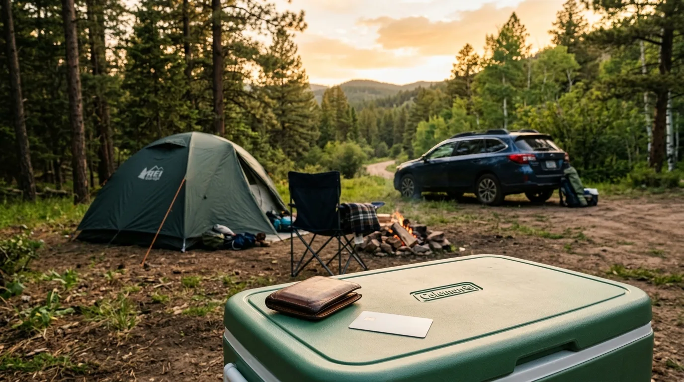 A tent and camp chair set up beside a car with a wallet and credit card resting on a cooler