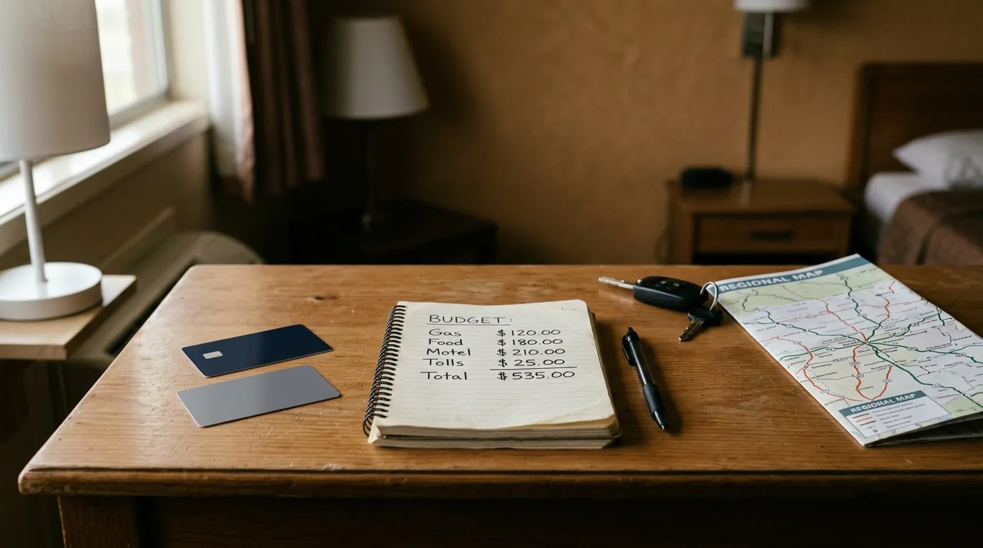 Two credit cards and a notebook with a simple spending breakdown on a motel room desk