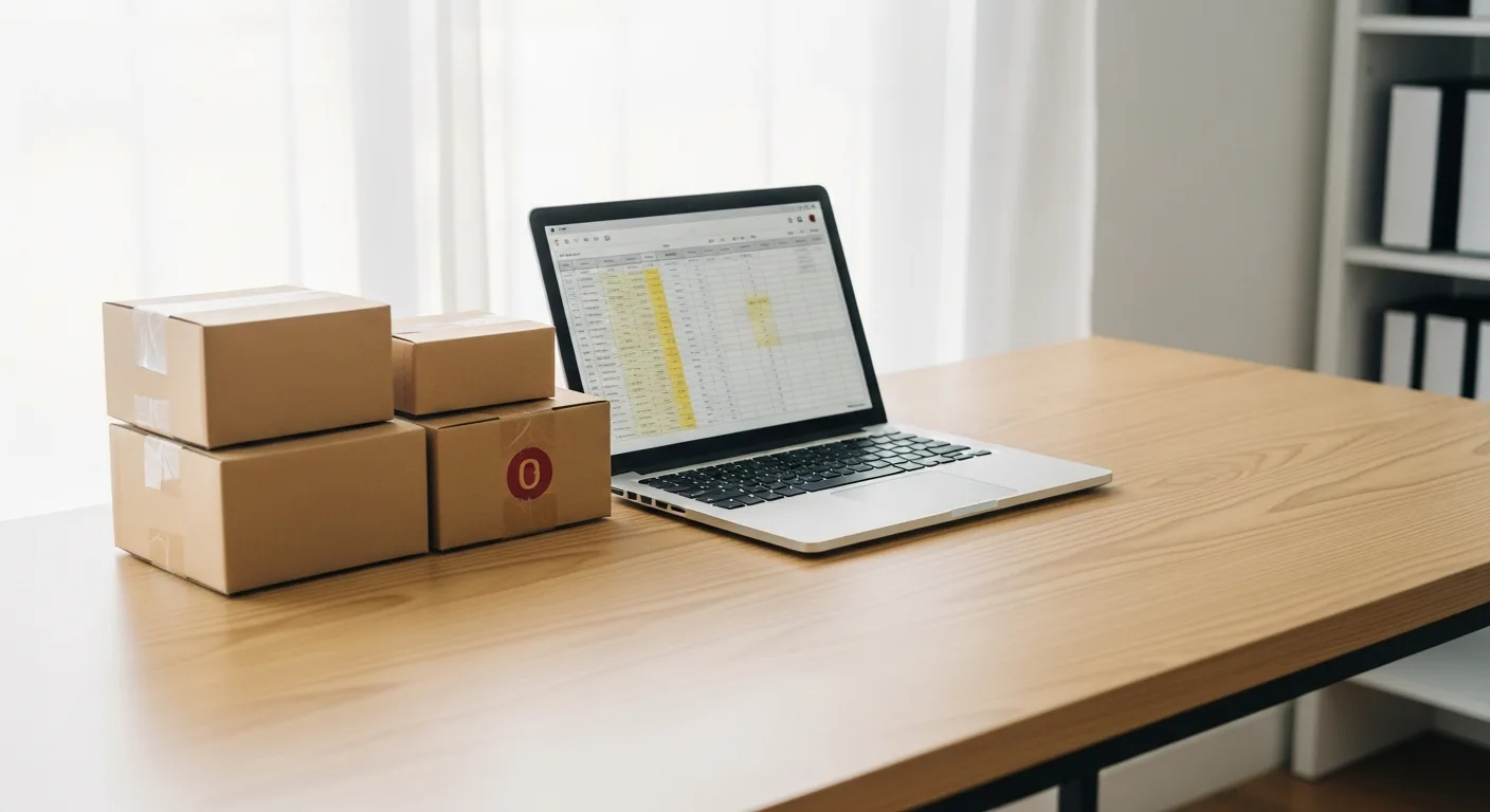 Stacked cardboard inventory boxes beside a laptop showing a spreadsheet on a plain office desk