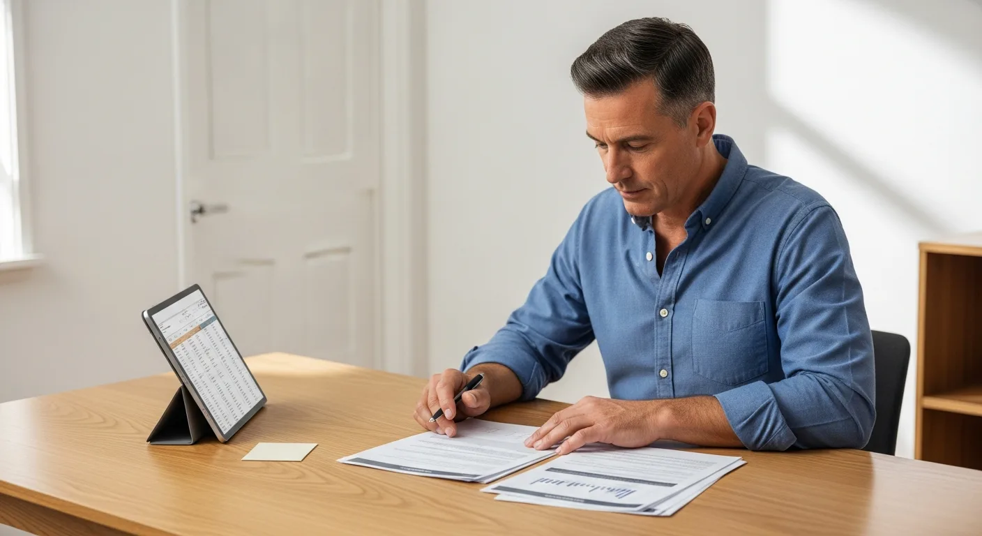 An adult man reviewing financial documents at a modern desk with a tablet and a plain credit card visible