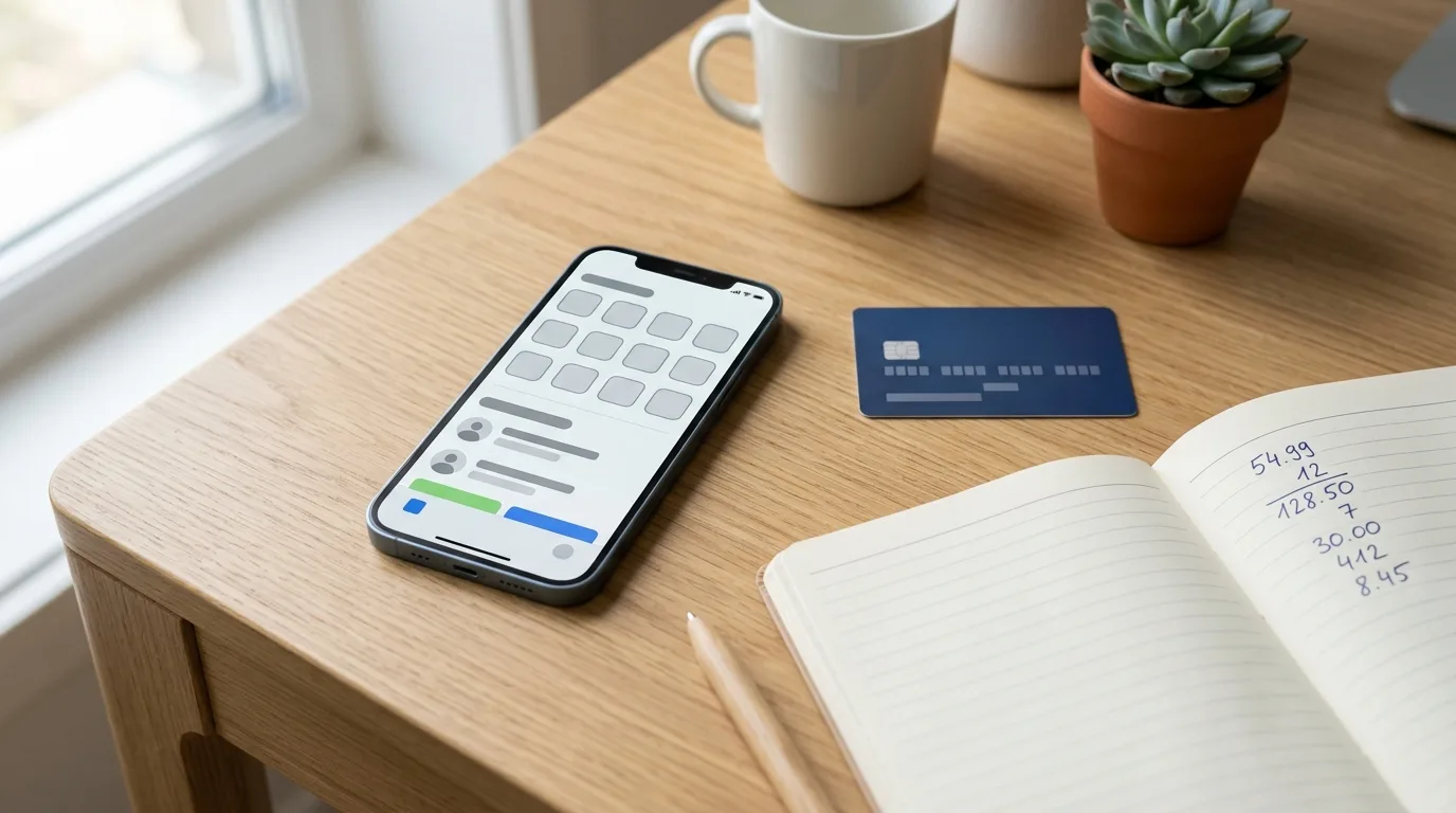A smartphone showing an app storefront resting on a desk next to a credit card and a notebook with spending totals