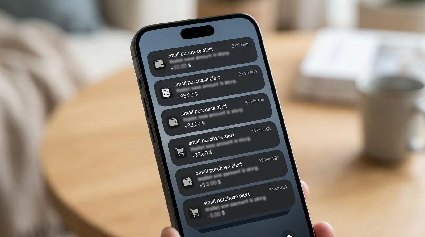 Close-up of a phone screen showing multiple small transaction notifications stacked together