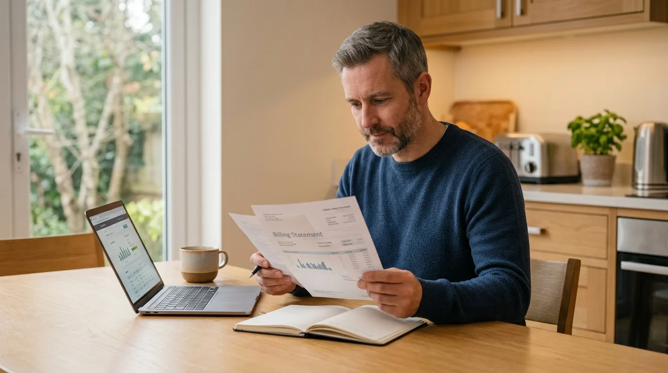 An adult man reviewing a credit card statement at a kitchen table with a laptop open beside him