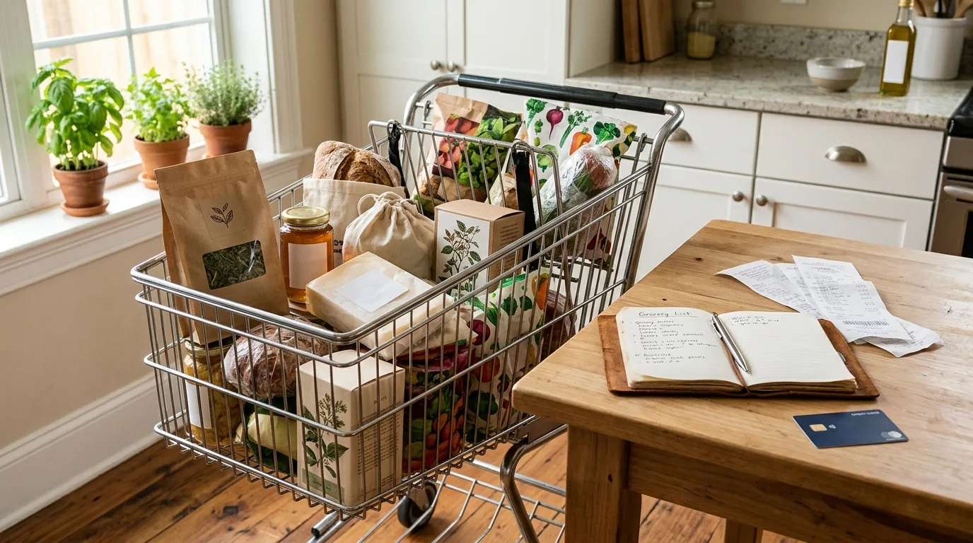 A family grocery cart filled with specialty food items sits beside a kitchen table with a credit card and receipts