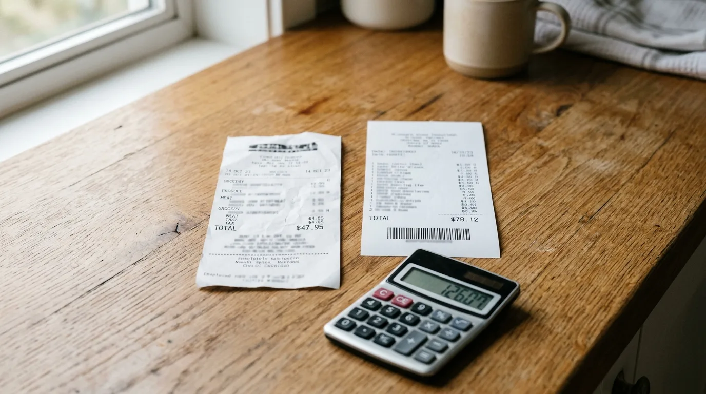 Two grocery receipts from different stores laid side by side on a kitchen counter