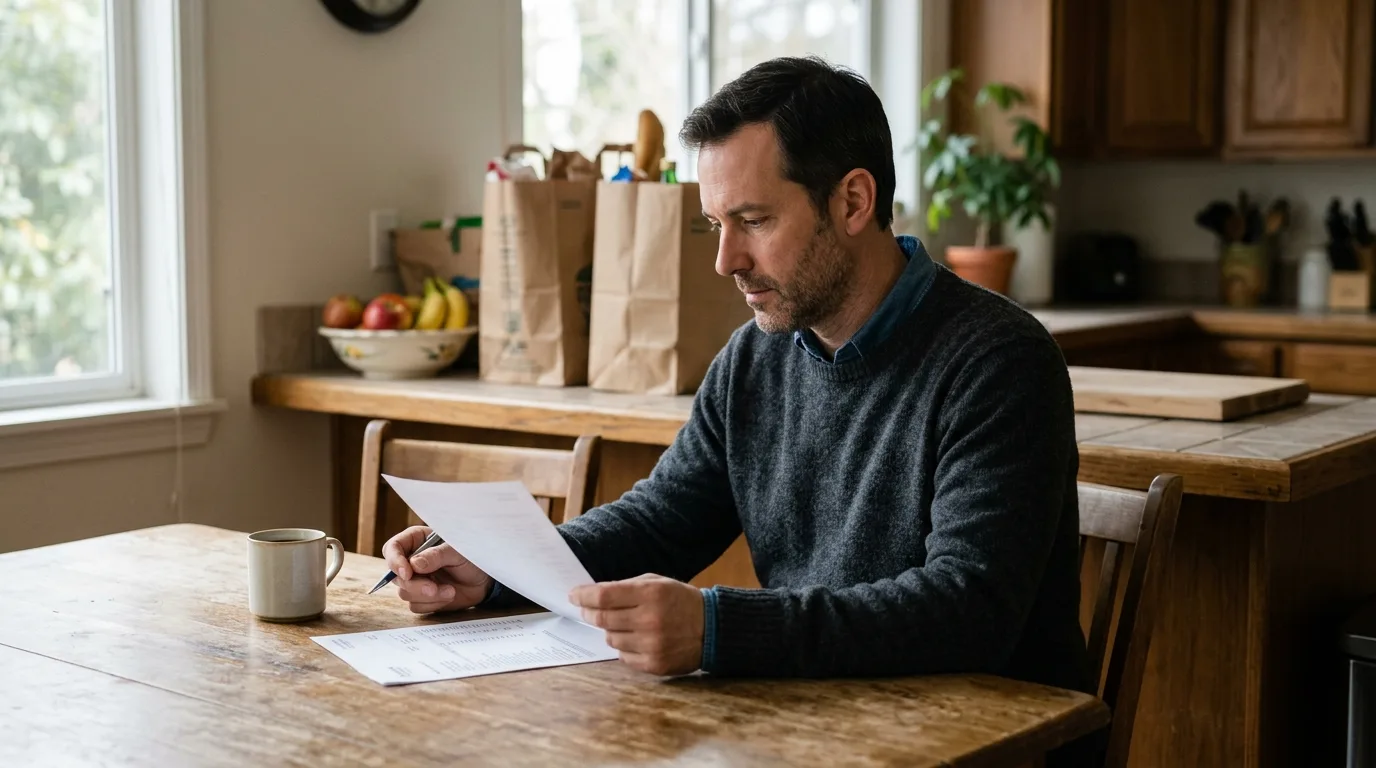 An adult man reviewing a credit card statement at a kitchen table with grocery bags nearby