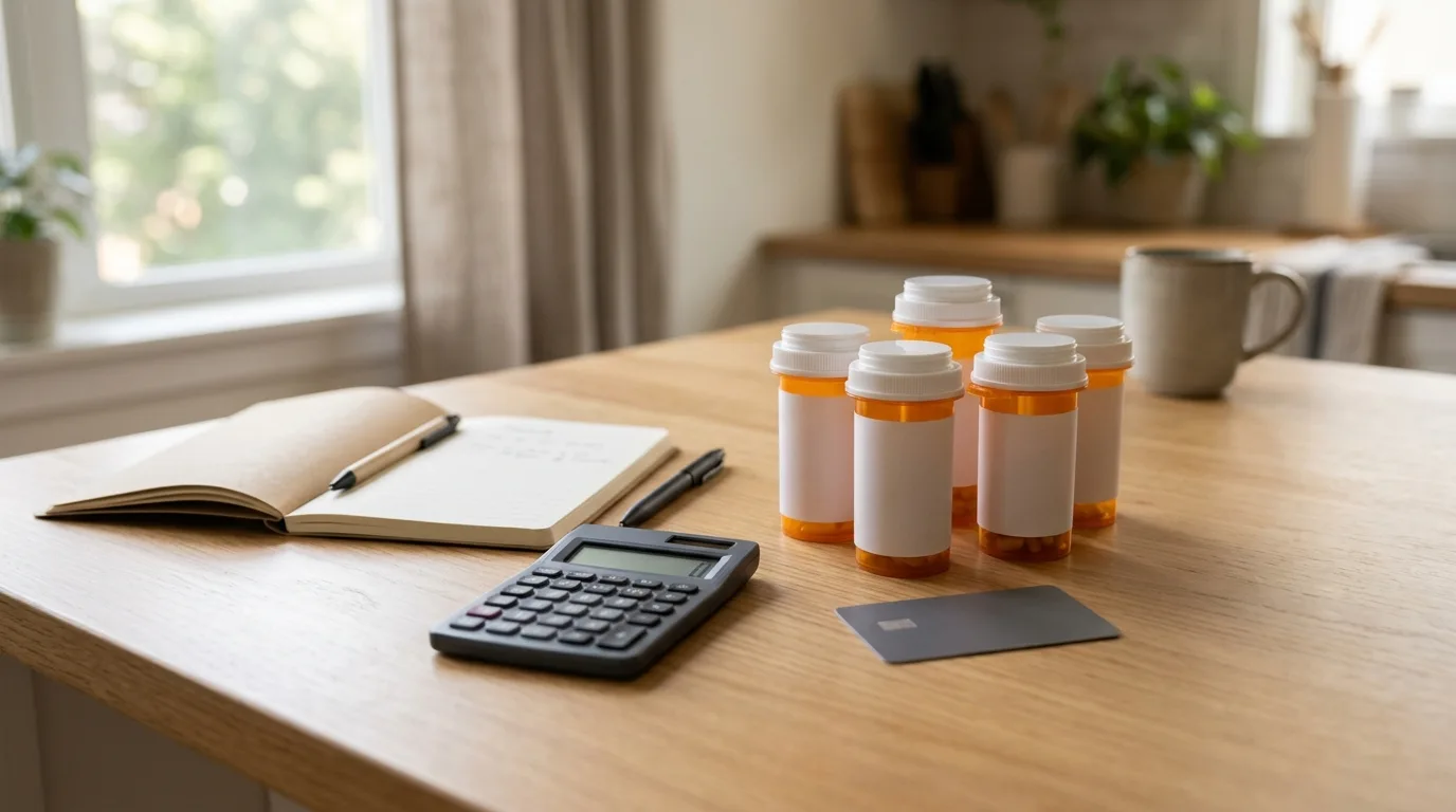 Prescription bottles, a calculator, and a credit card on a kitchen table