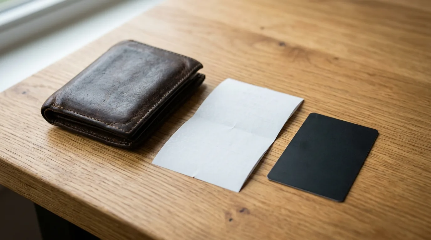 A pharmacy receipt and a plain credit card next to a wallet