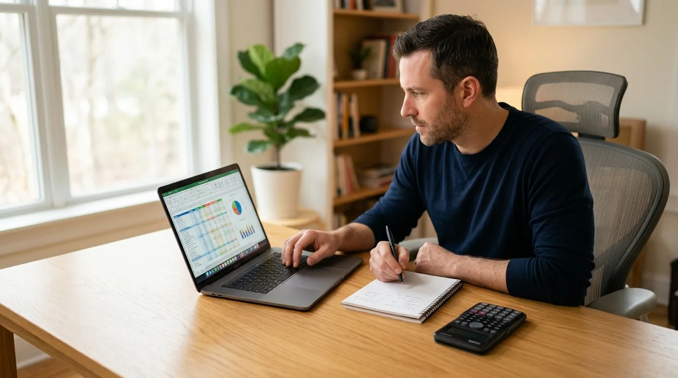 A man reviewing monthly expenses on a laptop at a desk