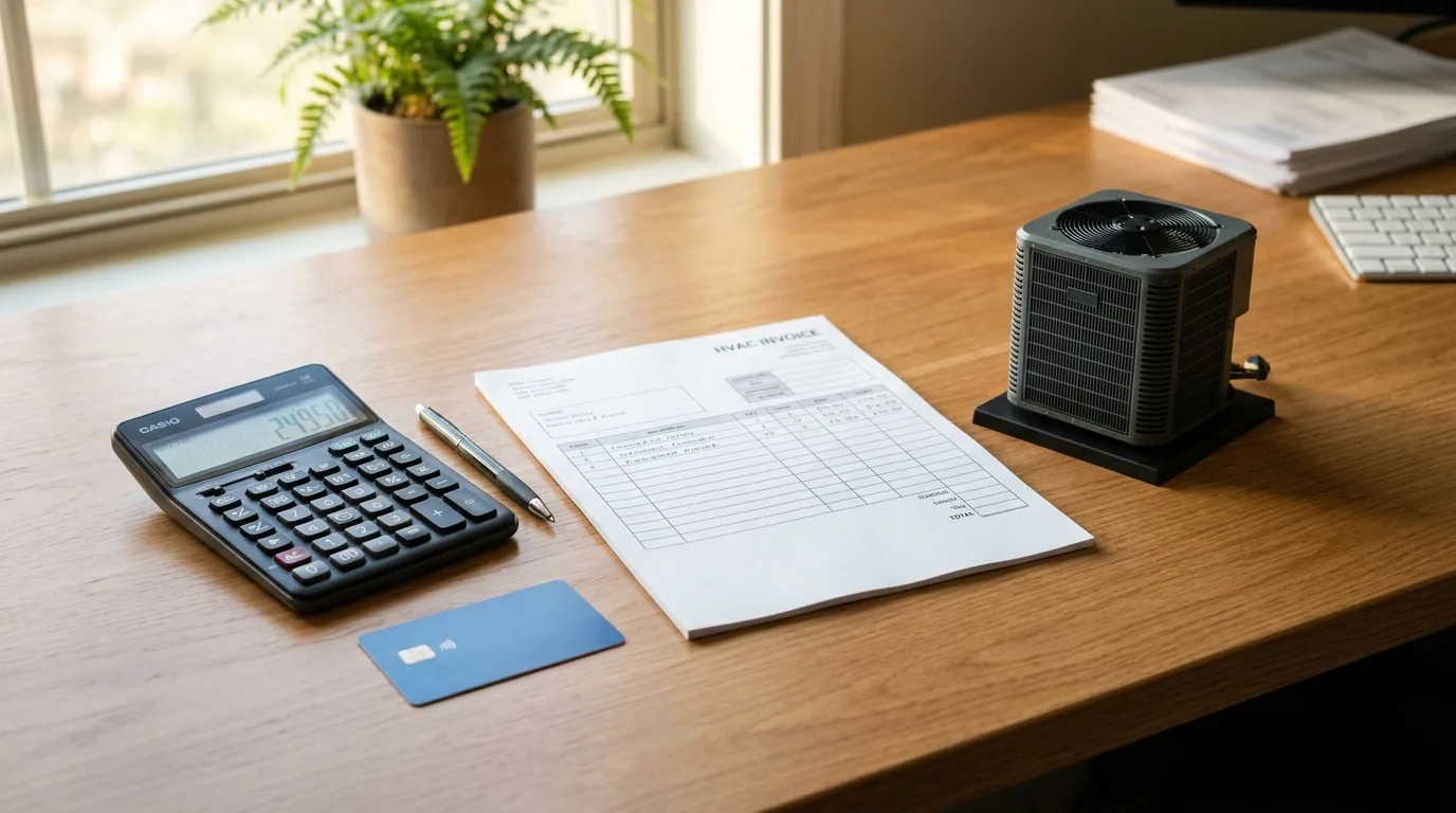 An HVAC condenser unit and invoice sitting on a desk next to a credit card