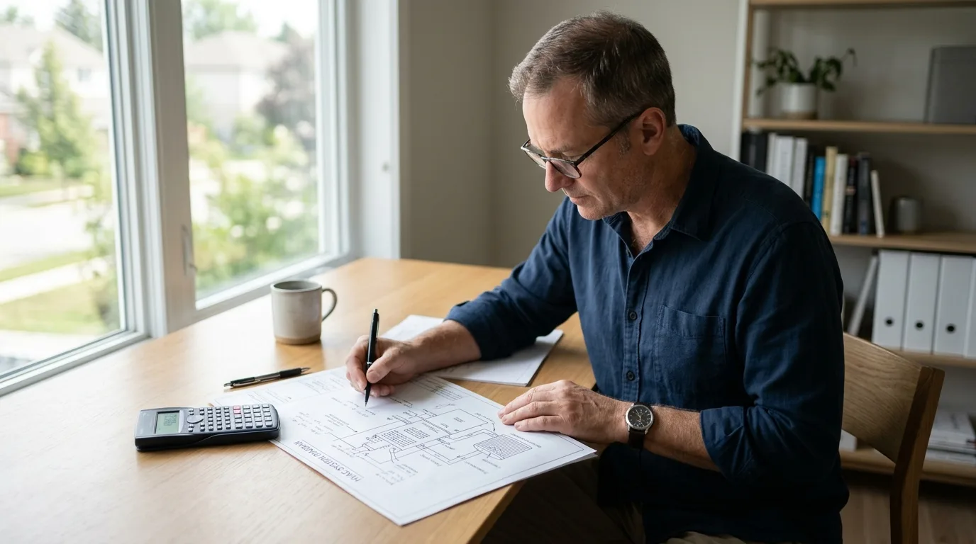 An adult man reviewing paperwork at a desk with a furnace diagram nearby