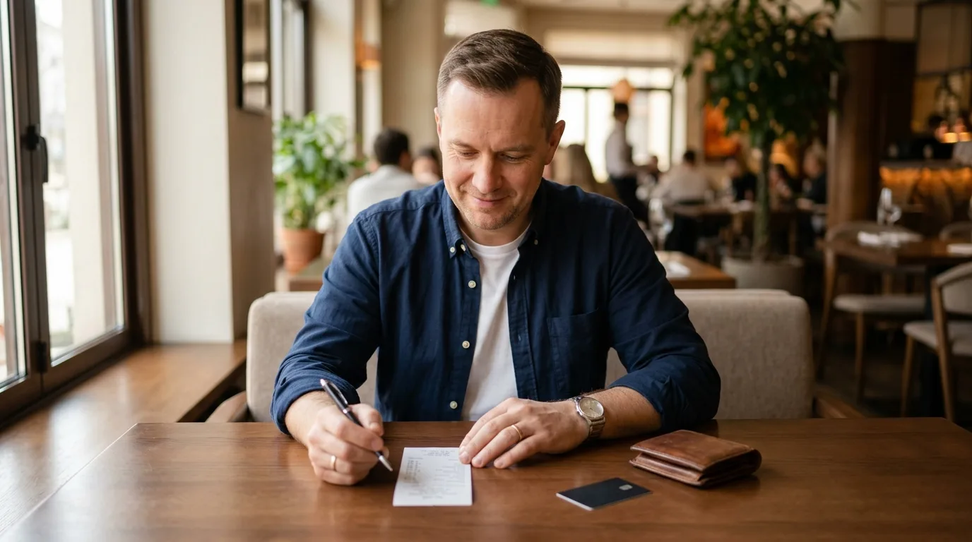 A man reviewing a restaurant receipt next to his wallet and credit card at a table