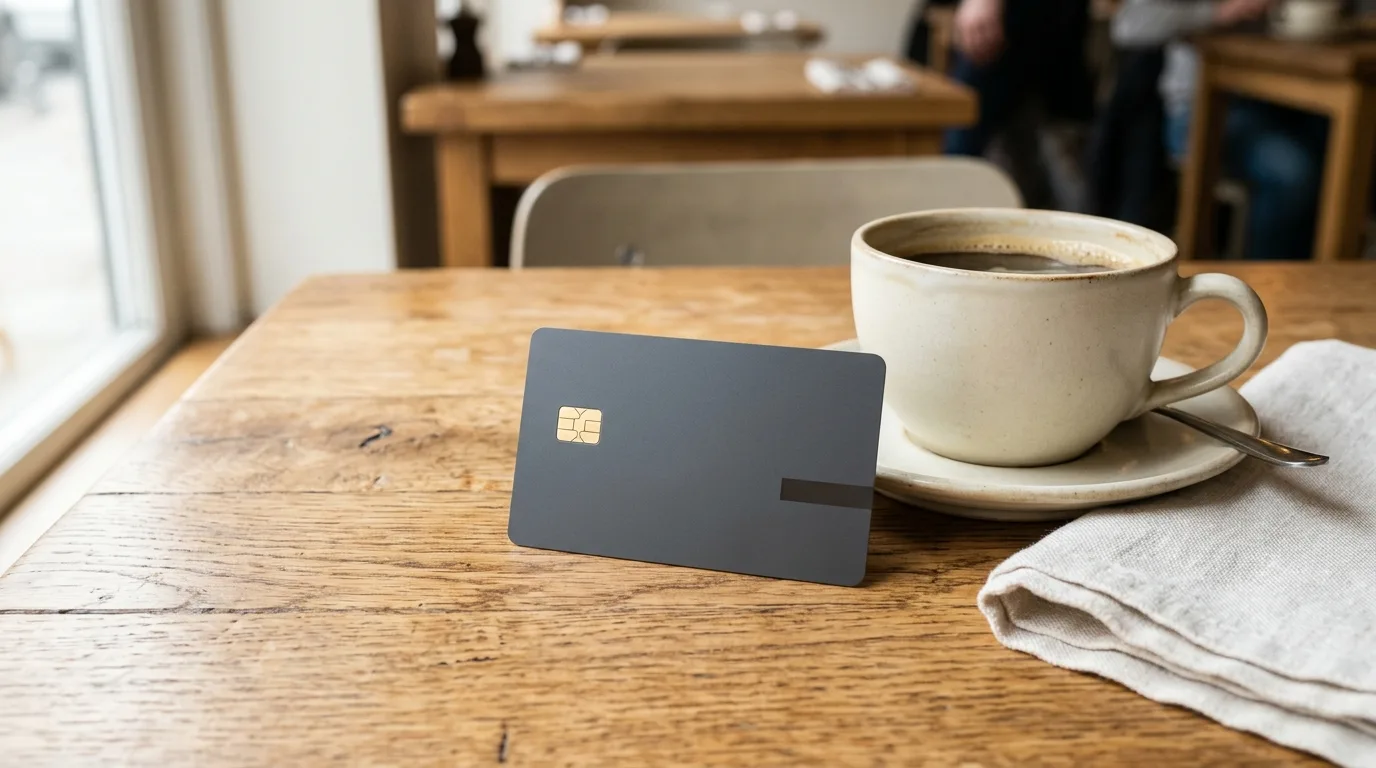 Close-up of a credit card resting on a restaurant table next to a coffee cup