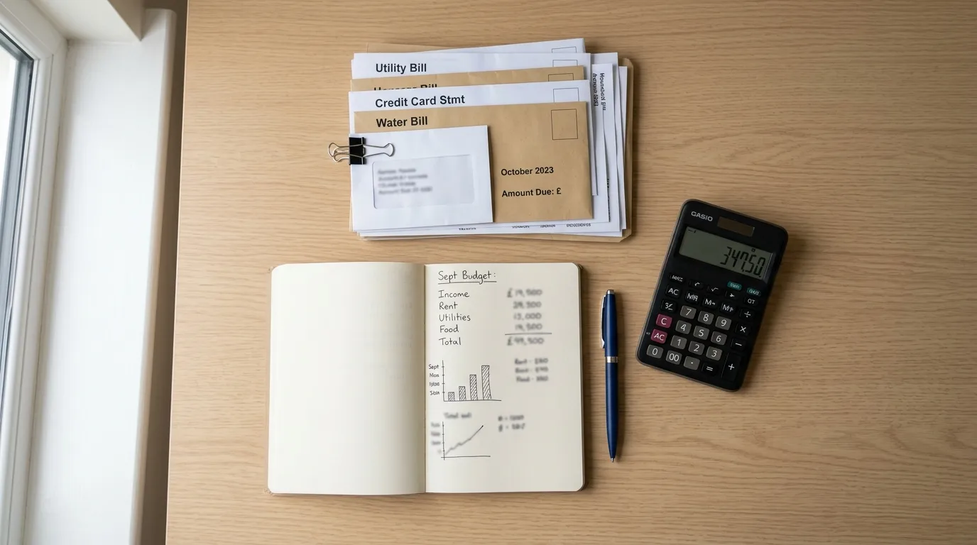 A desk scene with a notebook, calculator, and set of household bills being sorted