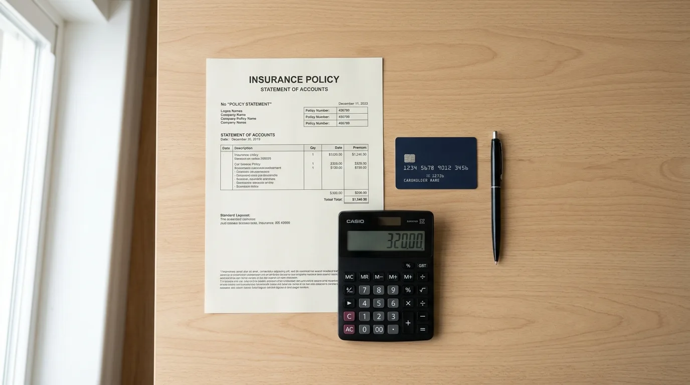 Car insurance paperwork, a calculator, and a credit card on a desk