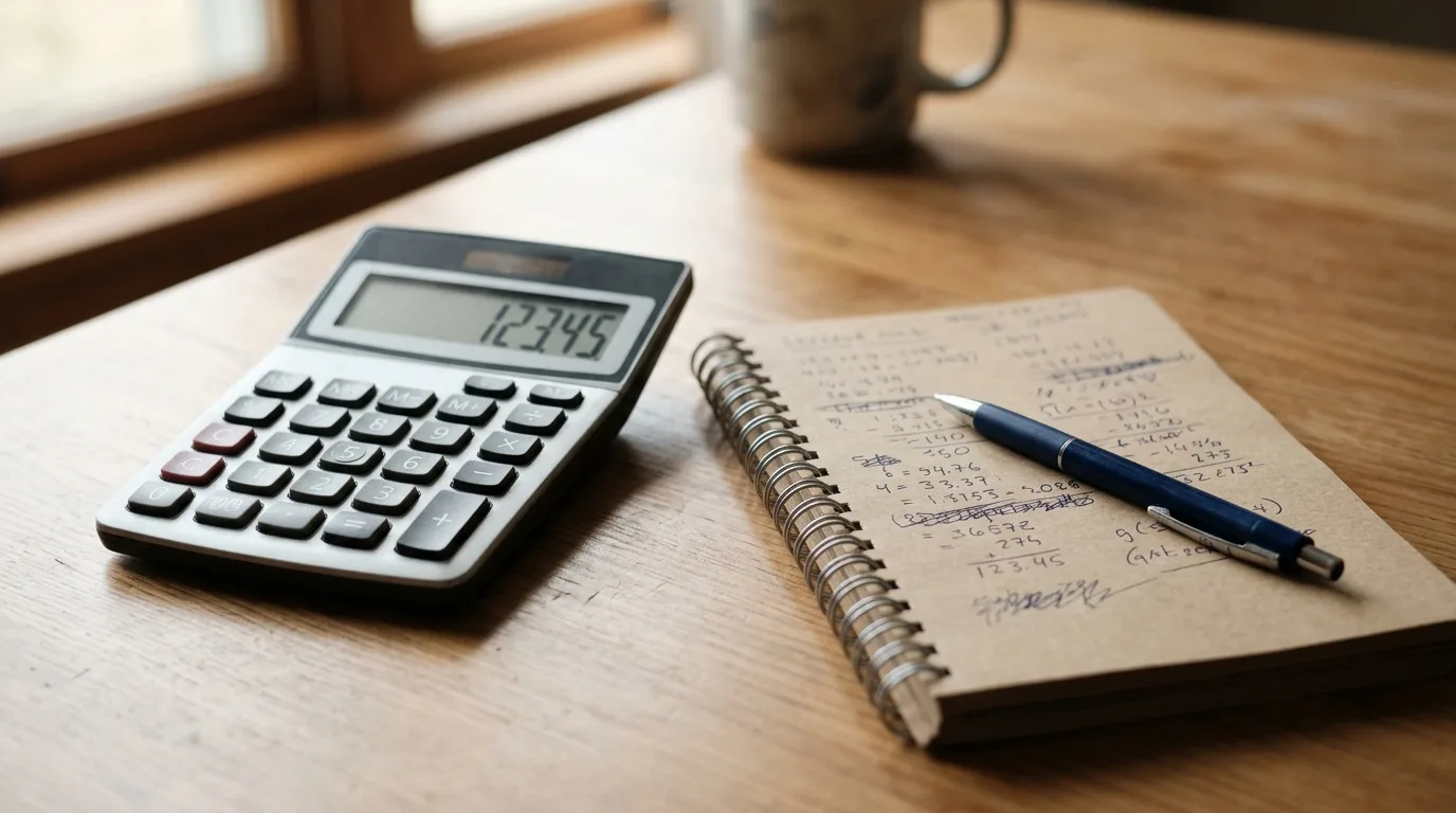 Calculator and notebook showing a simple cash back calculation