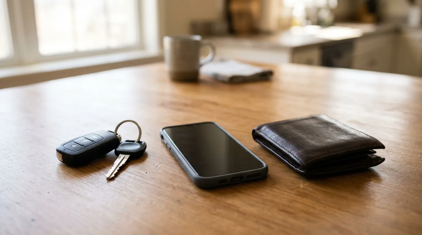Car keys and a smartphone on a table next to a wallet